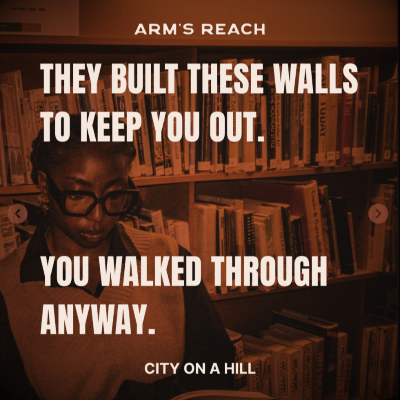 Person in a library with text overlay about building walls and walking through them, inspired by 'City on a Hill'.