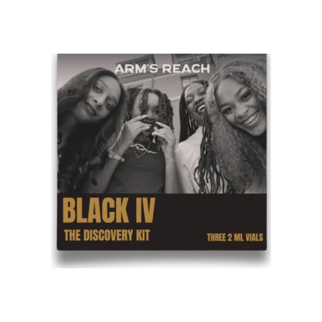 Black IV fragrance discovery kit by Arm's Reach, includes three luxury perfumes, City on a Hill, In Not Of, and Juna